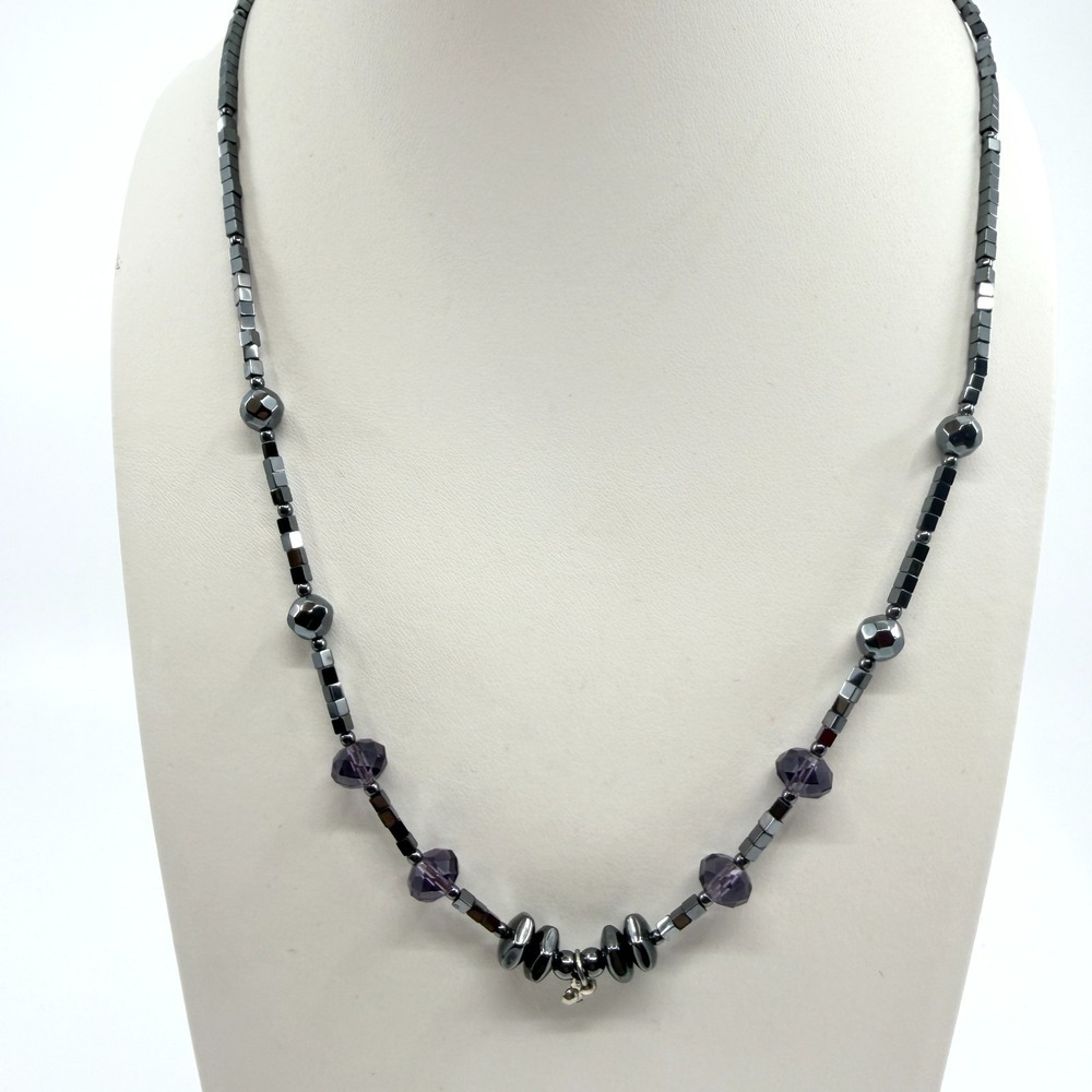 Vintage Y2K Hematite Cube Bead & Purple Crystal Strand Necklace